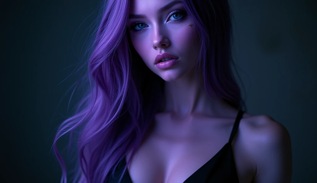 a purple beautiful sexy alien girl with long hair and in black dress. close close picture