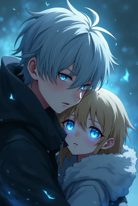  Boy with gray hair very cold and serious expression , Ojos rojos.  Embrace a blonde ghost with empty blue eyes ,  as they look straight ahead and emanate a magical ghost energy. High fantasy anime style .