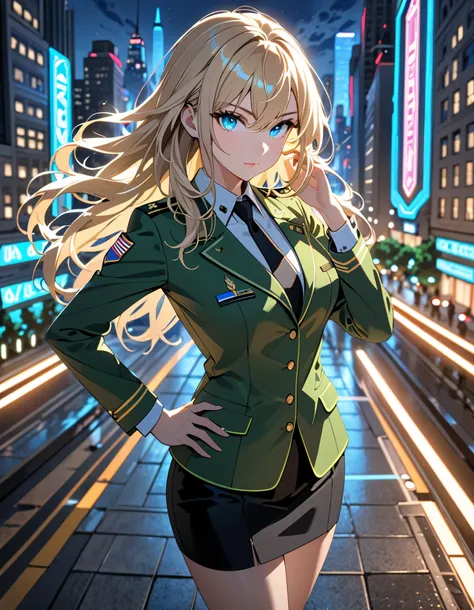 best quality, masterpiece, highres, 8k, solo, solo focus, 1lady, semi-anime, dynamic heroic pose, standing straight, blonde hair, blue eyes, beautiful detailed eyes, beautiful detailed face, (perfect hands), sexy us military officer, city backdrop, neon ed...