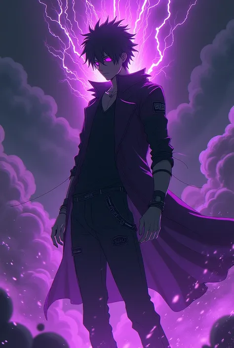 A dark-themed, futuristic anime-style design featuring a mysterious male character with bandaged eyes and spiky hair. The character emits glowing purple energy, with electric accents surrounding the figure. The background is abstract and cloudy, with stron...