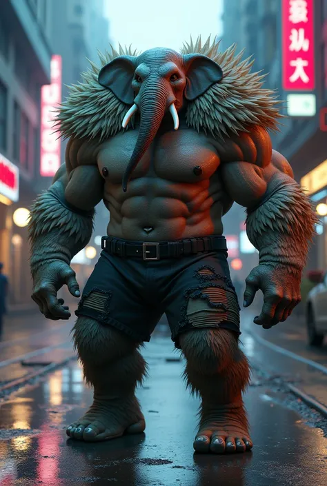 muscular humanoid  elephant with highly detailed feathers and a fierce expression, standing confidently on a wet urban street, wearing torn black shorts, hyperrealistic textures, cinematic lighting, neon urban background, dynamic reflections on the wet pav...