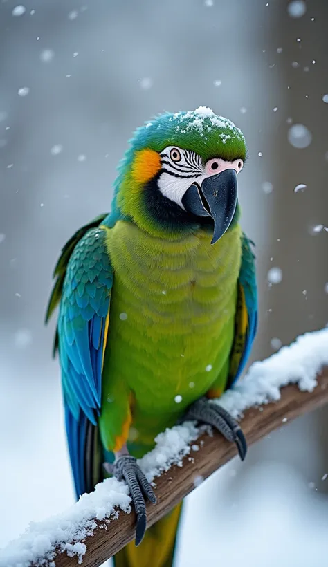 "  Her feathers were covered with a layer of snow  ,   infestation ，In the snowstorm，一对五颜六色的小鹦鹉In the snowstorm被妈妈遮住. Female parrot  ,   and the female parrot watches them protectively  ,   cramming down to her chicks  ,   and the chicks were securely hidd...