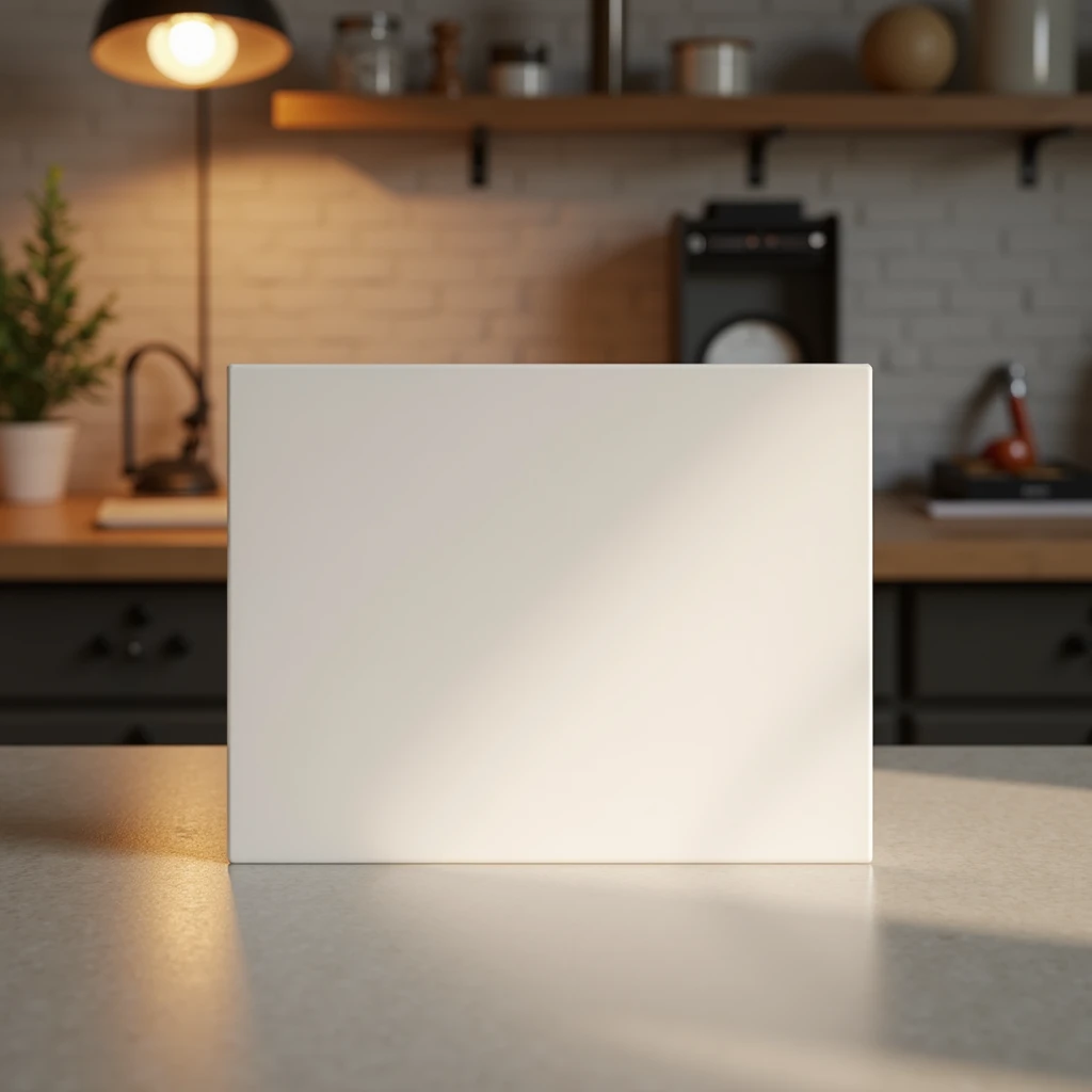 A photorealistic image of a small PVC sign measuring approximately 7cm by 15cm and 3mm thick, displayed against a smooth, neutral surface in a cozy, modern print studio. Warm, gentle lighting highlights the sign’s crisp edges, and professional finish. A ne...