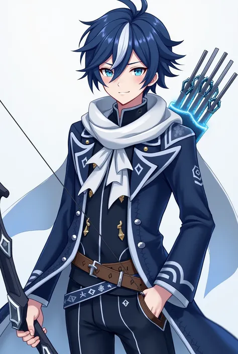  male named Cerone ,  with a soft nature , Attention, and responsible .  has dark blue medium hair with a white tint and is tied .  has cryo vision and a bow user whose role as support is very suitable for bond of life users. for the design of his clothes ...