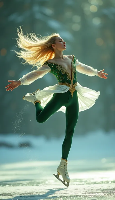 Subject, Pose, and Expression:

(Male figure skater

Thin build, long narrow eyes, flowing blonde hair

Apex of jump, arms crossed, legs aligned, spinning in air:1.9)



2. Lighting, Textures, and Contrast:

Super realistic, UHD, high details, Canon, Fujic...