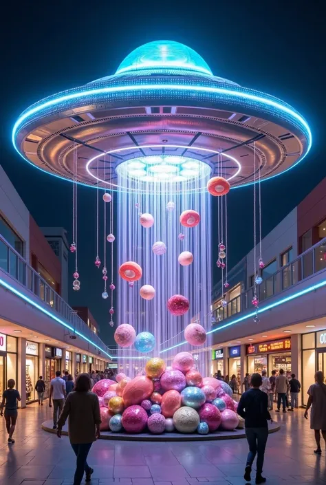 Outdoor advertising in the form of a dummy in the shopping center .  In the form of a Glowing UFO and candy hanging under it 