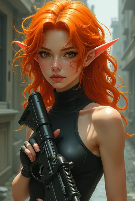 20 years old thin girl with curly orange hair and orange eye brows , little long ears and carrying a gun