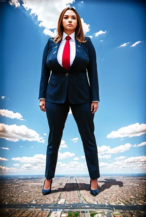 Looking up at the approaching young giantess, Giantess art, 500 miles tall giga giantess, young sophisticated and stylish woman in a light navy blue italian pinstriped trouser suit, form fitting crisp black office shirt, and a large wide blue necktie in a ...