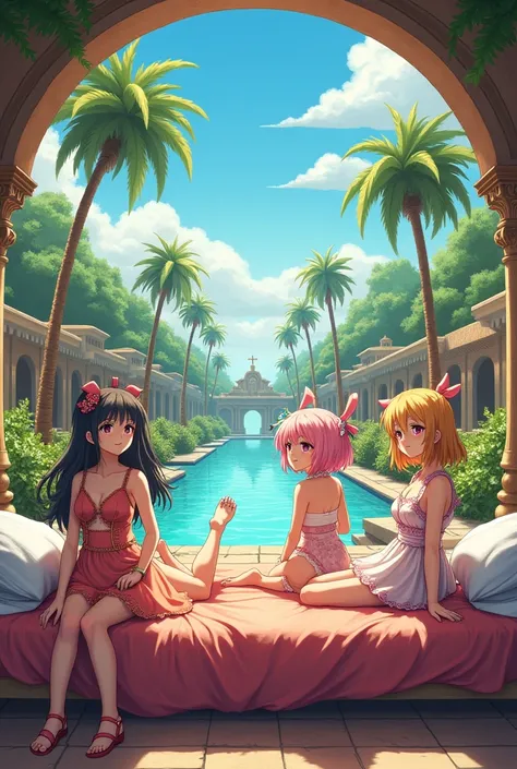 a picture of a group of anime characters sitting on top of a bed, oasis, oasis infront, lush oasis, anime cover, inspired gacha club game, visual novel cg, visual novel, desert oasis, けもの, ; visual novel, manga cover, classic shoujo, 🐎🍑, welcome to the cir...