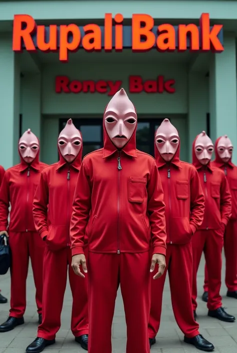 Bangladeshi people wearing Money heist dress, in front of a bank named Rupali bank, location Keraniganj 