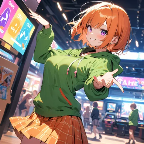  One Girl 、 green hooded hoodie、 one curl bob cut,  top quality 、Orange Hair、 purple eyes、smile、Big Breasts、 Game Center,  orange check skirt, DANCE GAME ,