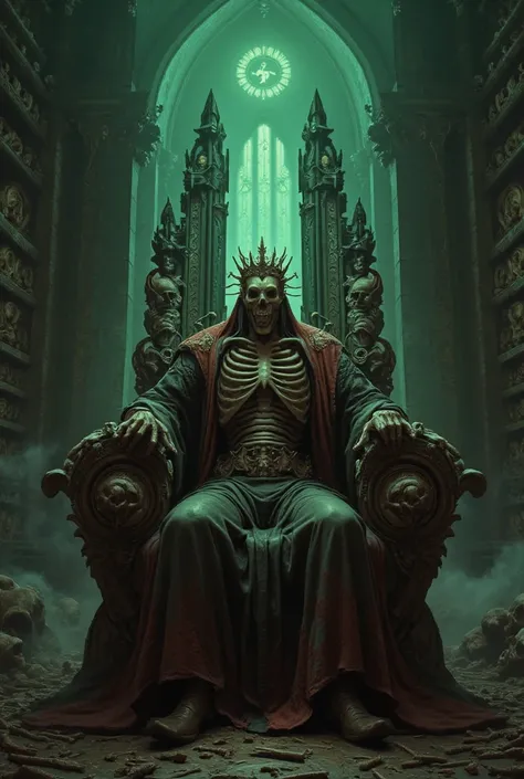  Create an image of a skeleton king on the throne filled with bones and skulls, Make this image well in a dark vibe 