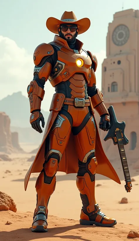 Western Cyber iron-Man:  Brown and orange costume with futuristic cowboy hat , holding an electric guitar shaped weapon ,  on desert background with buildings a la cyber-wild west.