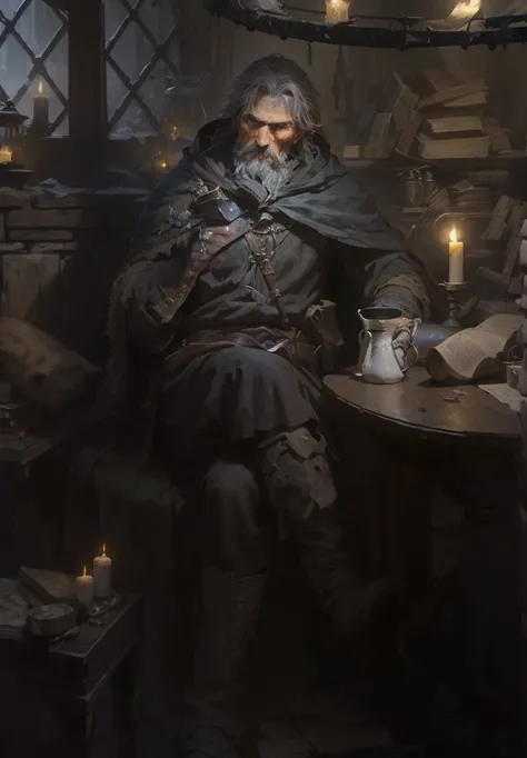 In a dimly lit tavern, a ruggedly handsome man sits relaxed, draped in a dark cloak. He thoughtfully puffs on a pipe, glancing out a foggy window. The table beside him is cluttered with a mug, scattered coins, and parchment. Flickering candlelight casts sh...