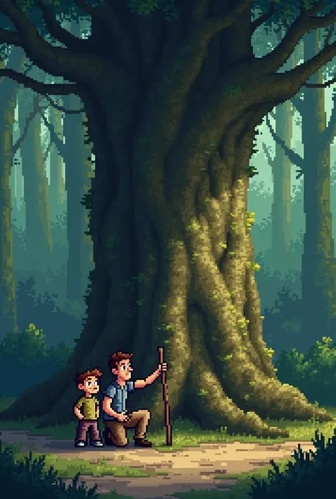 
Prompt: A pixel art cartoon of a massive tree with thick roots deeply embedded in the ground. The boy, now tired and frustrated, leans against the trunk, his arms crossed and his head bowed. The father kneels beside him, gesturing toward the roots with on...