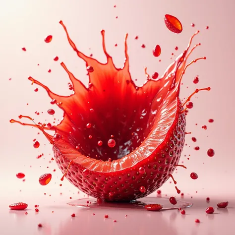  splashes from bursting strawberries , , just depict them losing their shape and falling into fragments, as realistic as in the movies 