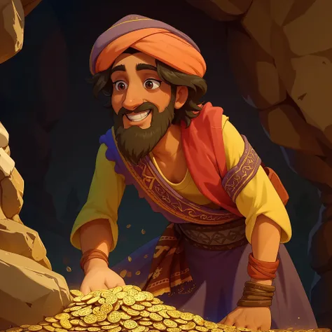 Create an animated scene featuring a cheerful and excited character in a cave, surrounded by shimmering gold coins. The character, in his 40s, is dressed in colourful, flowing Middle Eastern clothes and a turban, showing his excitement at discovering the t...