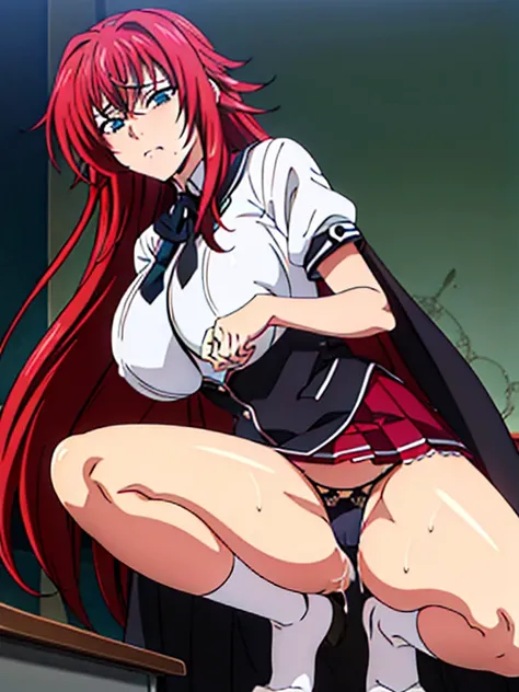  black cloak, black neckwear,  white shirt, Short sleeve,  red pleated skirt ,   sailor color , classroom background,   Rias Gremory ,  anime cell style,  top quality ,  high definition ,  1 girl, (huge breasts:1.2),  beautiful face, Red Hair, long hair,  ...