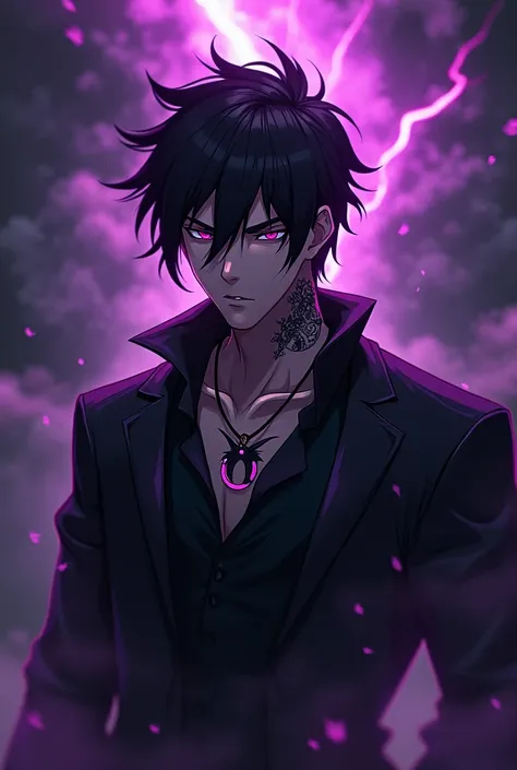 A dark-themed, futuristic anime-style design featuring a mysterious male character with tattoos in neck and spiky hair. The character emits glowing purple energy, with electric accents surrounding the figure. The background is abstract and cloudy, with str...