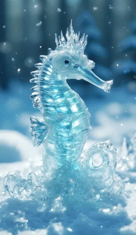 A frozen seahorse sits atop a snow-covered tablecloth, its delicate form made of translucent, iridescent ice. The king’s crown sparkles with tiny icicles, while the snowflakes surrounding it dance in the soft morning light, casting an icy glow over the fri...