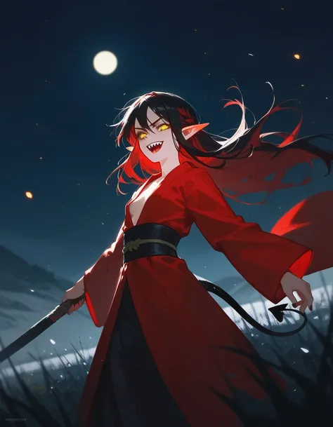 girl,Elf, dark red hair, in a yellow eye ,Sharp teeth,Frowning,dismal, dark edges, small breasts,Long hair,cool,thin,RED KIMONO,With a devils tail ,Fierce face,In the snow field at night,small,