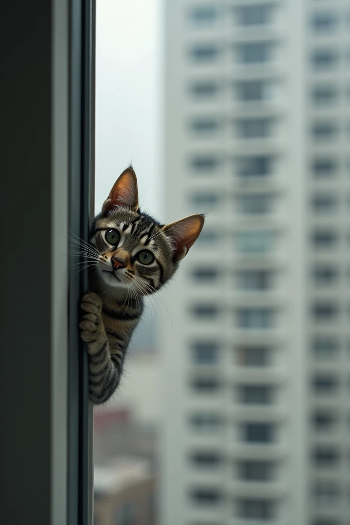 An image of a cat peeking around the edge of a window in tall building’s wall. The background consists of a blurred apartment complex with multiple windows. The photo has a minimalist and urban aesthetic.