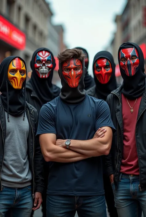 make a picture of a group of ultras wearing masks casual