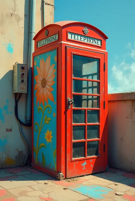 Standing ac and telephone booth painted on it