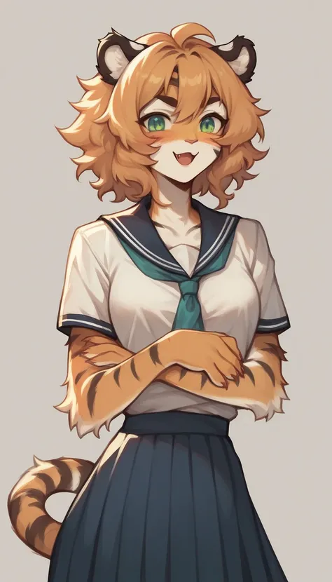  top quality,  Super detailed illustration , (antro fluffy tiger girl:1.8), white fur,  disheveled thick hair ,  wide hips, Slim,  perfect body,  school clothes, skirt