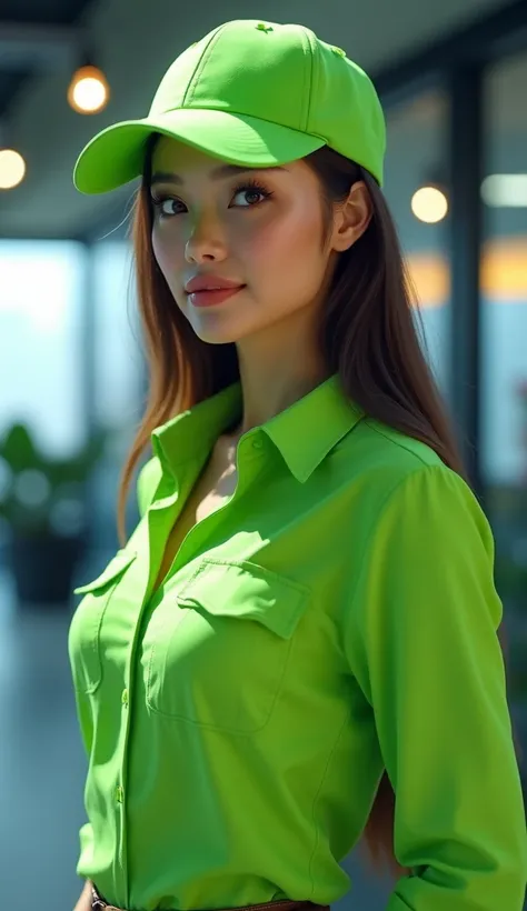 Create an electronic salesman-style female influencer with realistic tones ,  tones like a flashy green shirt and green cap and an office backdrop in the background 