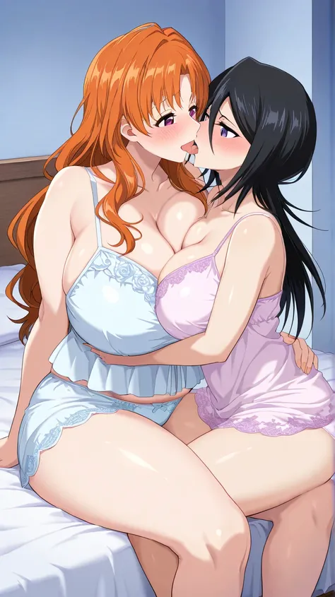 Rukia Kuchiki, Orihime Inoue, 2girls. quincy clothing, long orange hair, short black hair, Anatomically correct, Beautiful face, Perfect face, Highly detailed beautiful face and eyes, Attractive face, Detailed face, Delicate facial features, Detailed skin,...