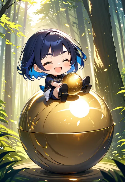 (masterpiece, best quality),chibi,chibi girl riding a rolling golden sphere. The sphere reflects light and shines as it floating and driving on deep forest. The girl was smiling brightly with anticipation.(16yo,(darkblue hair,sleek wavy-short hair),bold ey...