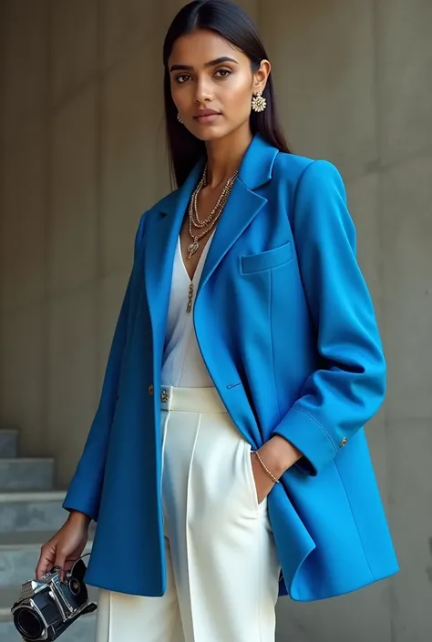 A professional photographer captures a Gujarati model wearing a deconstructed bandhgala jacket in electric blue, paired with tailored white trousers and minimalist leather boots. His accessories - a vintage film camera and carefully curated jewelry - tell ...