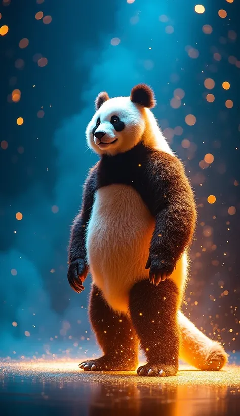 “The photo shows the scientist completely transformed into a large, majestic panda, calmly standing on the stage, the  standing next to him, trails of golden light, the stage brimming with energy, illuminated by vibrant blue and gold lights, creating a mag...