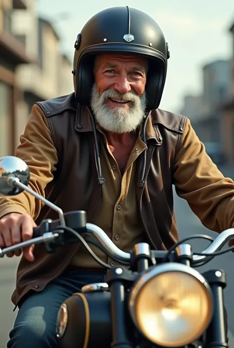 Old man in a helmet kissed white goatee on a motorbike 