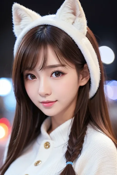 cute 21 year old Japan 、night、 Christmas、 shopping、Super Detail Face、 pay attention to the details with the hem of the clothes、 double eyelids in judo uniforms、 beautiful thin noses、 sharp focus with perfect style:1.2、 Kiri Reina female:1.4、( light brown h...