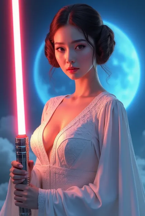 A beautiful sexy buxom cleavage Korean woman like Princess Leia Organa with a beautiful white gown intricate costume design, medium breast, maximum 3D details, with a lightsaber highly reflecting in a rainbow color design. A beautiful dress with lace and a...