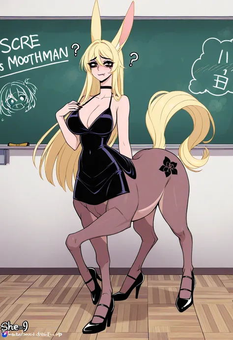 Short and slender woman transforming into a centaur with human skin. (Humantaur:1.3). She has blonde hair with bangs. She is wearing heavy makeup. Dark eyeliner. She has large brown eyes, dark eyebrows. Four human feet. (Four legged:1.1). (She has a long n...