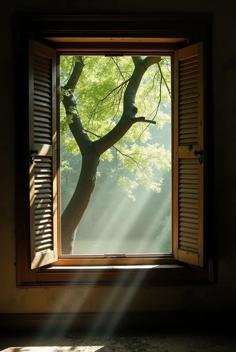 An old wooden window with shutters, viewed from inside a dusty house. Through the open window, a tree branch extends inide the room. Sunlight streams through the window, illuminating dust particles in the air, creating a atmospheric, slightly abandoned fee...