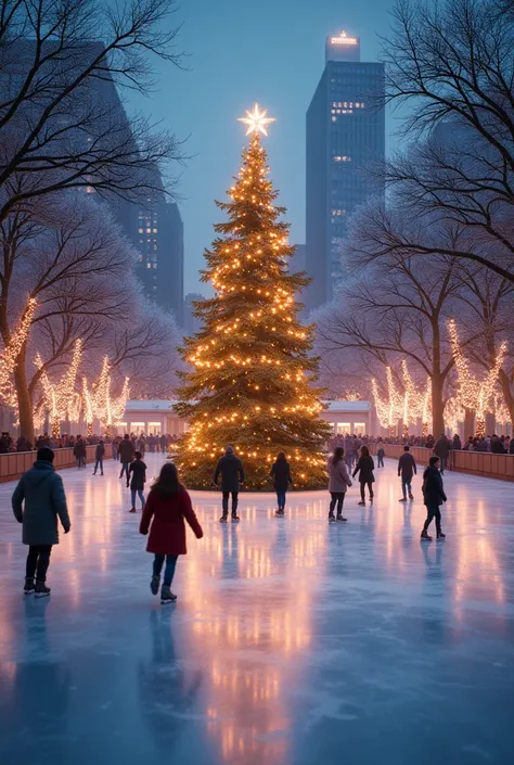 An enchanting ice skating rink in a city park, surrounded by sparkling Christmas lights on trees, people skating joyfully, and a giant Christmas tree in the center with glowing decorations.