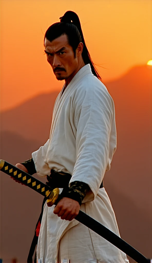 DVD screengrab, from a 1982s dark fantasy film. Retro in Color. featuring Jack as a dark fantasy character. Jack is a men wearing a white samurai kimono with a black and yellow-hilted katana at his waist, his black hair styled in a samurai bun. He has a sh...