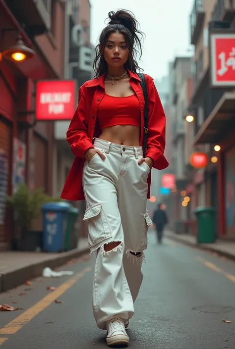 a woman wear a red croptop with a ưhite baggy jeans ( hiphop style )