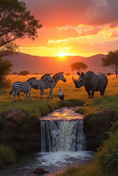 Majestic wildlife including  zebras, black-bellied pangolin, black rhino, and a parot in a breathtaking natural setting with a waterfall and a vibrant sunset sky, highlighting the power of gratitude and appreciation