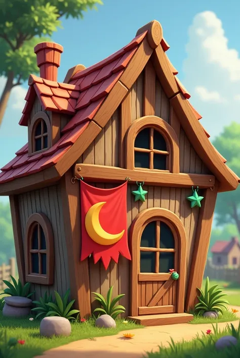 A fair house with the wooden skeleton 
Red flag Crescent Moon Star 5 Green Pointed Star 