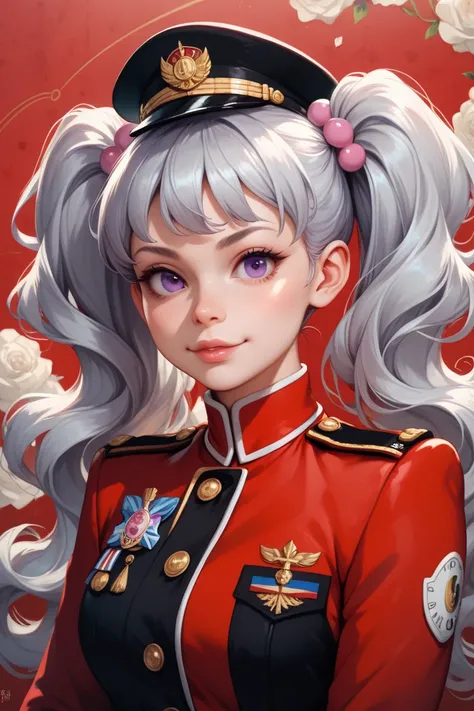 highest quality, High resolution, detailed background, masterpiece, Silver hair, wavy hair, twin tails, purple eyes, goofy eyes, pretty girl, black and red military uniform, miniskirt, huge tits, 