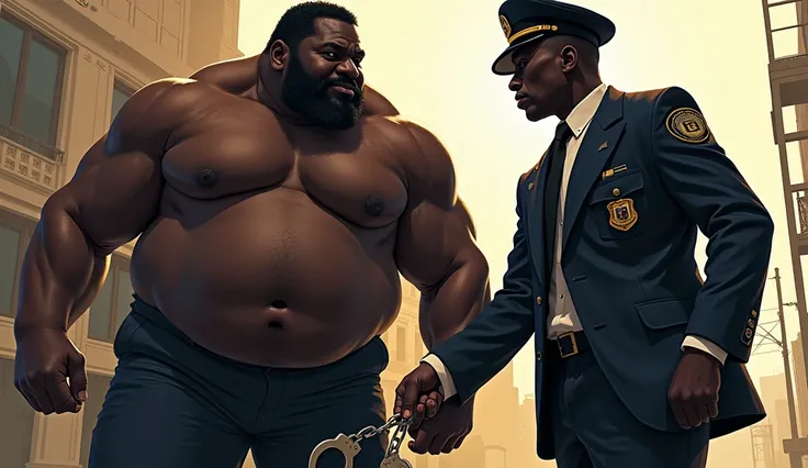 create an image of a fat black man next to an FBI police officer holding handcuffs and underneath write: O Medo do Nyusi