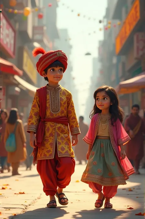 A boy wearing a Punjabi is walking down the street, with a girl standing next to him watching.