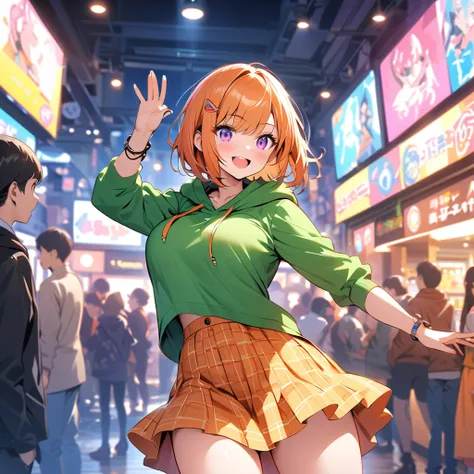  One Girl 、 green hooded hoodie、 one curl bob cut,  top quality 、 fashionable clothes, Orange Hair、 purple eyes、smile、Big Breasts、 Game Center,  orange check skirt, DANCE GAME ,  decision pose, Very detailed background, Suddenly thighs ,  brown long boots ...