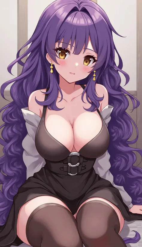 Гиперреалистичный, фотореализм, 1girl, earrings, jewelry, breasts, drill hair, solo, thighhighs, long hair, sitting, large breasts, purple hair, cleavage, brown eyes, bare shoulders, curly hair, very long hair, looking at viewer, skirt