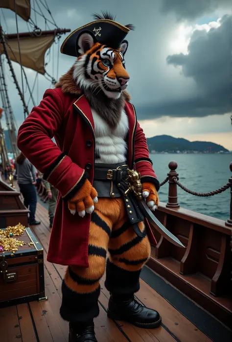 "Anthropomorphic male tiger, adult, muscular, with striking orange-and-black striped fur and a rugged, weathered look. He wears a classic pirate captains outfit: a red coat with gold trim, leather boots, a tricorn hat adorned with feathers, and a cutlass s...